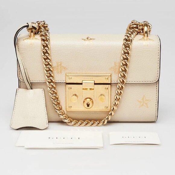 Gucci White Leather Star/Bee Small Padlock Crossbody Bag - Picture 2 of 11